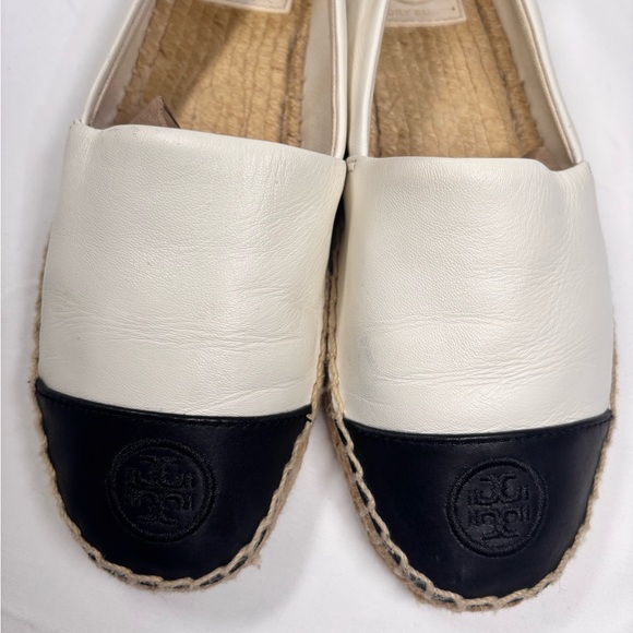 Tory Burch Colorblock Leather Espadrille Flats Black White Logo Cap Toe Slip-On✨ - Picture 8 of 9